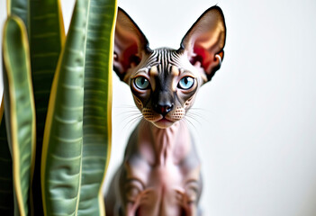 A sphinx cat sits next to a houseplant against a white wall.