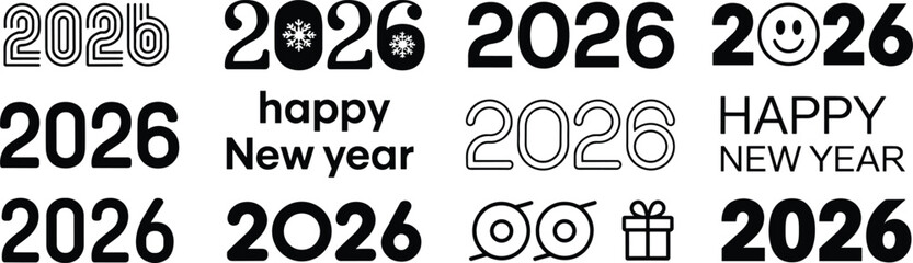 2026 happy new year typography collection with creative numbers, icons, celebration symbols, modern minimal design © Polash Contributor