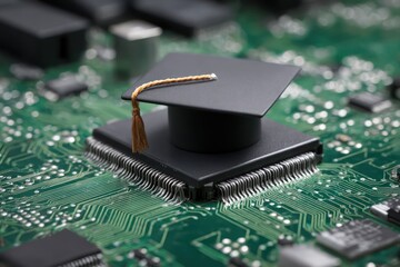 Graduation cap on digital circuit board