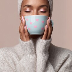Cozy winter portrait of woman holding heart pattern mug, soft knit sweater and calm pink makeup, warm lifestyle moment, minimal romantic comfort scene for seasonal wellness and self care