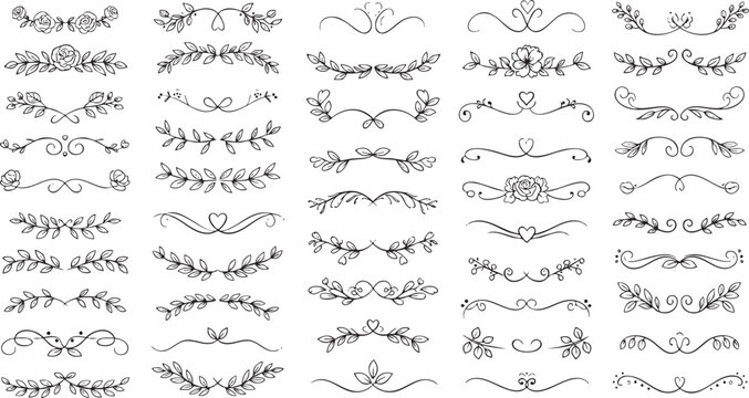 Hand Drawn Floral Dividers and Laurel Wreath Decorative Line Art Elements
