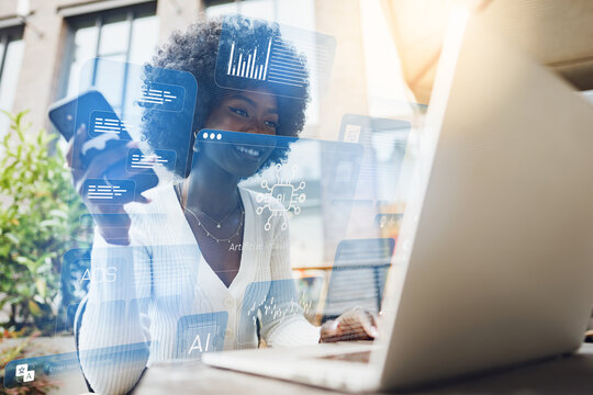 Woman working on laptop with digital data displayed on screen in an outdoor setting - Powered by Adobe