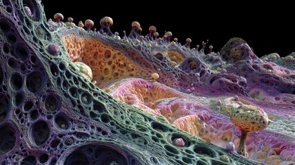 Abstract fractal alien landscape with colorful organic mycelium structure featuring textured layers and intricate patterns on black background in surreal digital terrain