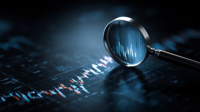 Close-up of a magnifying glass over a fluctuating stock chart. Dark blue background with data lines. The focus is on financial analytics