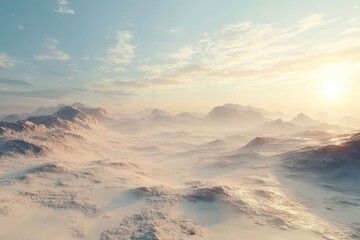 Fototapeta premium Vast snow-covered landscape bathed in golden sunlight with gentle hills in the distance