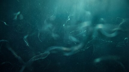Dark teal abstract swirls in underwater scene. Ethereal smoke-like patterns floating in deep water. Mysterious oceanic visualization for digital backgrounds and artistic concepts