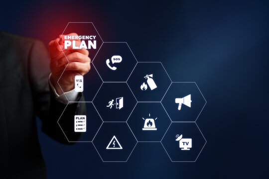 Emergency plan details shown on a digital display in a business setting - Powered by Adobe