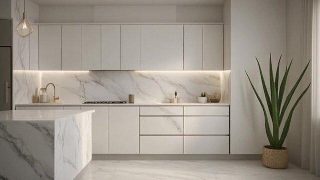 Modern kitchen interior with sleek white cabinets and marble countertops illuminated by soft lighting and a potted plant on the floor.
