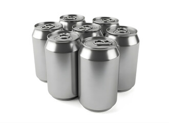 A cluster of blank silver aluminum beverage cans arranged against a white background isolated on transparent background