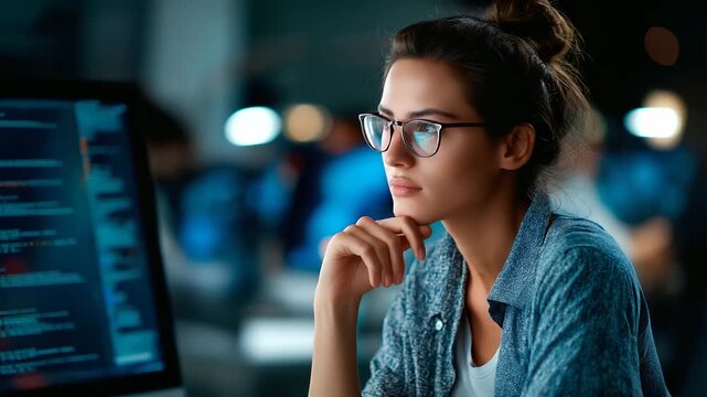 Focused female coder in high tech monitoring facility defocused multiple screen background programming language display data analytics visualization software development