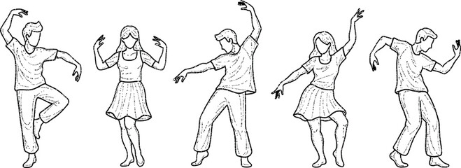 Dance movement sequence illustration with five dynamic poses