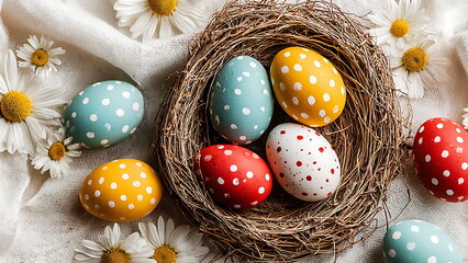 Soft and elegant spring holiday scene featuring pastel Easter eggs with white polka dot patterns placed in a natural nest, surrounded by fresh daisy flowers on a clean white fabric background.