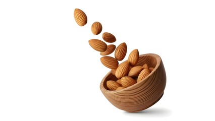 Flying Almonds Falling from Wooden Bowl Isolated on White Background
