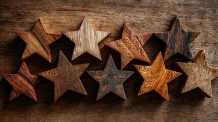 Close-up view showing a collection of wooden stars, each uniquely colored, arranged on a textured wooden surface