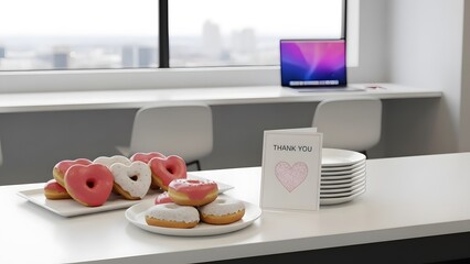 Office donuts display with thank you sign