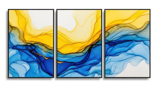Abstract triptych wall art featuring flowing yellow blue and black ink patterns in modern frames high quality