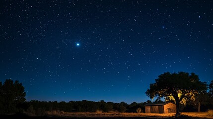 Fototapeta premium Bright stars fill the night sky above a small building in a quiet landscape
