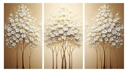 A beautiful triptych displays three blossoming trees with a multitude of white flowers against a golden backdrop