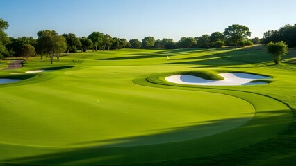 Lush green golf course with multiple sand traps