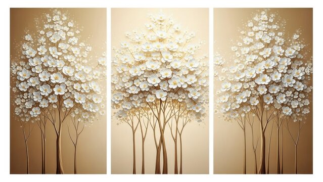 A beautiful triptych displays three blossoming trees with a multitude of white flowers against a golden backdrop
