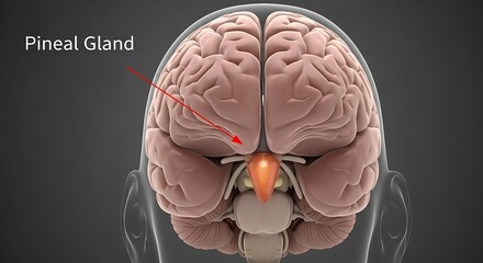 Anatomical view of human brain showing location of pineal gland deep within the structure
