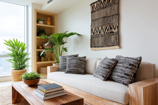 Afro-Boho Apartment Corner with Bamboo Bookshelf and Cultural Accents