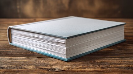 Close-up of a hardcover book with blank, light blue cover and thick white pages lying on a rustic wooden surface. The background is a blurred wood