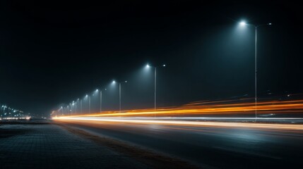 Nighttime cityscape featuring illuminated street lights, light trails from vehicles, and a sense of motion in the urban landscape in low light conditions
