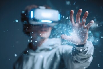 Futuristic man using virtual reality goggles interactively