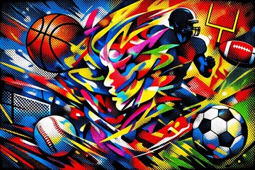 Abstract pixel art colors and textures on a sports-themed background.