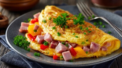Close-up of a perfectly cooked omelet filled with ham and bell peppers, garnished with herbs on a grey plate