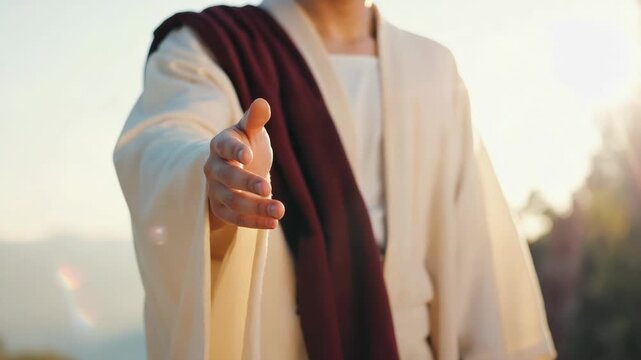 The hand of jesus christ extended in a gesture of welcome and salvation. A religious depiction of christian faith, redemption, and the compassionate love of the savior