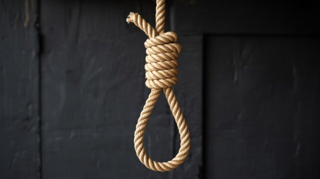 A closeup view of a hangmans noose made from thick rope, set against a dark, somber background, symbolizing despair, danger, and finality