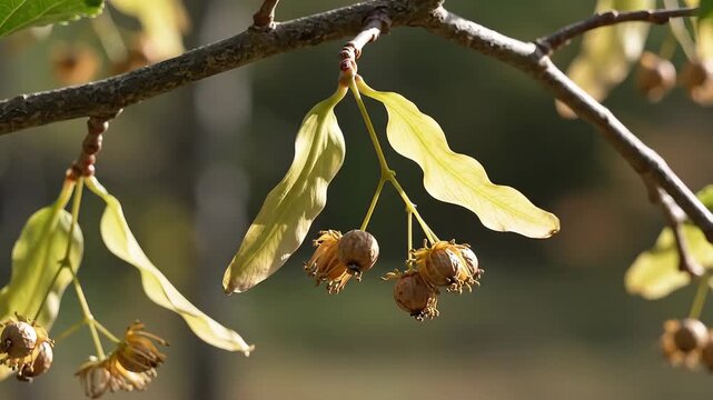 Close up of Linden tree seeds and leaves in autumn sunlight.