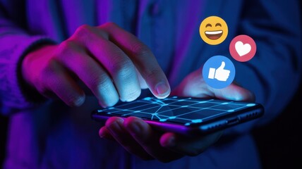 Closeup of hands interacting with a smartphone displaying social media reaction icons like, love, and happy, under neon purple and blue light, symbolizing digital connection and online engagement