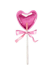 Pink watercolor Heart Shaped Lollipop with Bow. Caramel isolated on white background. 
Sweetness for Valentine's Day