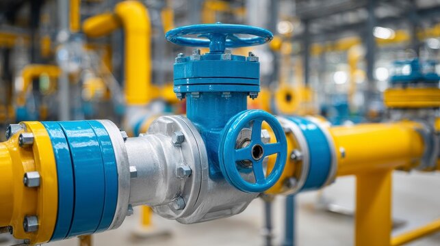 Close-up of industrial pipes with blue valves against a blurry background of more yellow and blue machinery
