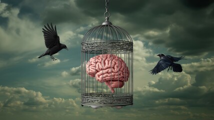 Human brain in a birdcage, symbolizing mental restriction and the desire for intellectual freedom, with birds flying in a cloudy sky