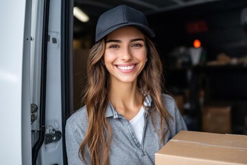 Delivery service employee with parcel near truck