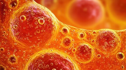 Close-up view of cellular structures, showcasing a vibrant, orange-red composition with bubbles, offering a detailed biological illustration