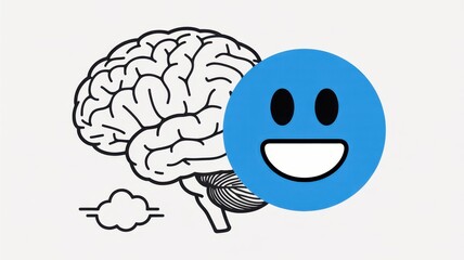 Illustration of a human brain drawing with a happy blue emoji face, symbolizing positive mental health, isolated on white background