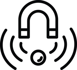 Black horseshoe magnet icon attracting a circle on white background Keywords: magnet, horseshoe