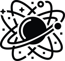 Black and White Icon of an Atom Model with Orbiting Electrons atomic science
