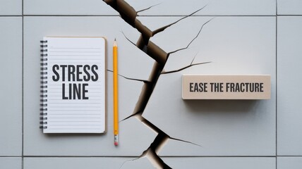 Conceptual image of a notebook with stress line and a wooden block ease the fracture on a cracked surface, symbolizing problemsolving