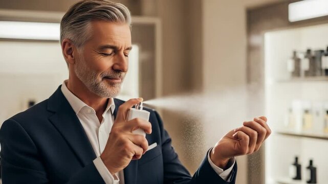 Handsome mature caucasian man spraying cologne on his wrist to test the fragrance. A sophisticated gentleman choosing a new masculine scent in a luxury perfume store