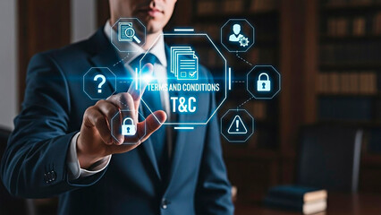 Businessman activating terms and conditions for legal and contractual concept.