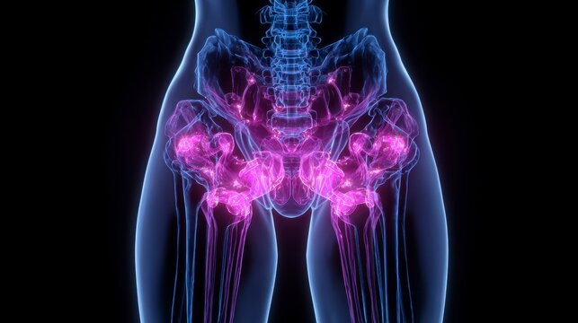 Medical visualization of a human pelvic region, highlighting bones and joints with a neon glow against a dark backdrop