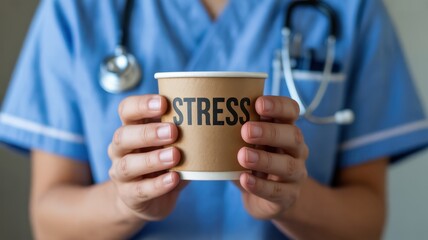 Medical professional in blue scrubs holds a coffee cup with stress written on it, highlighting pressure and burnout in healthcare