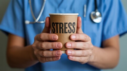 Medical professional in blue scrubs holds a paper cup with stress written on it, highlighting the pressure and burnout in healthcare