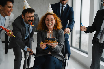 A group of cheerful diverse colleagues surprising a businesswoman with a birthday cake in a modern open-space office. The scene shows a joyful atmosphere, teamwork, and workplace friendship